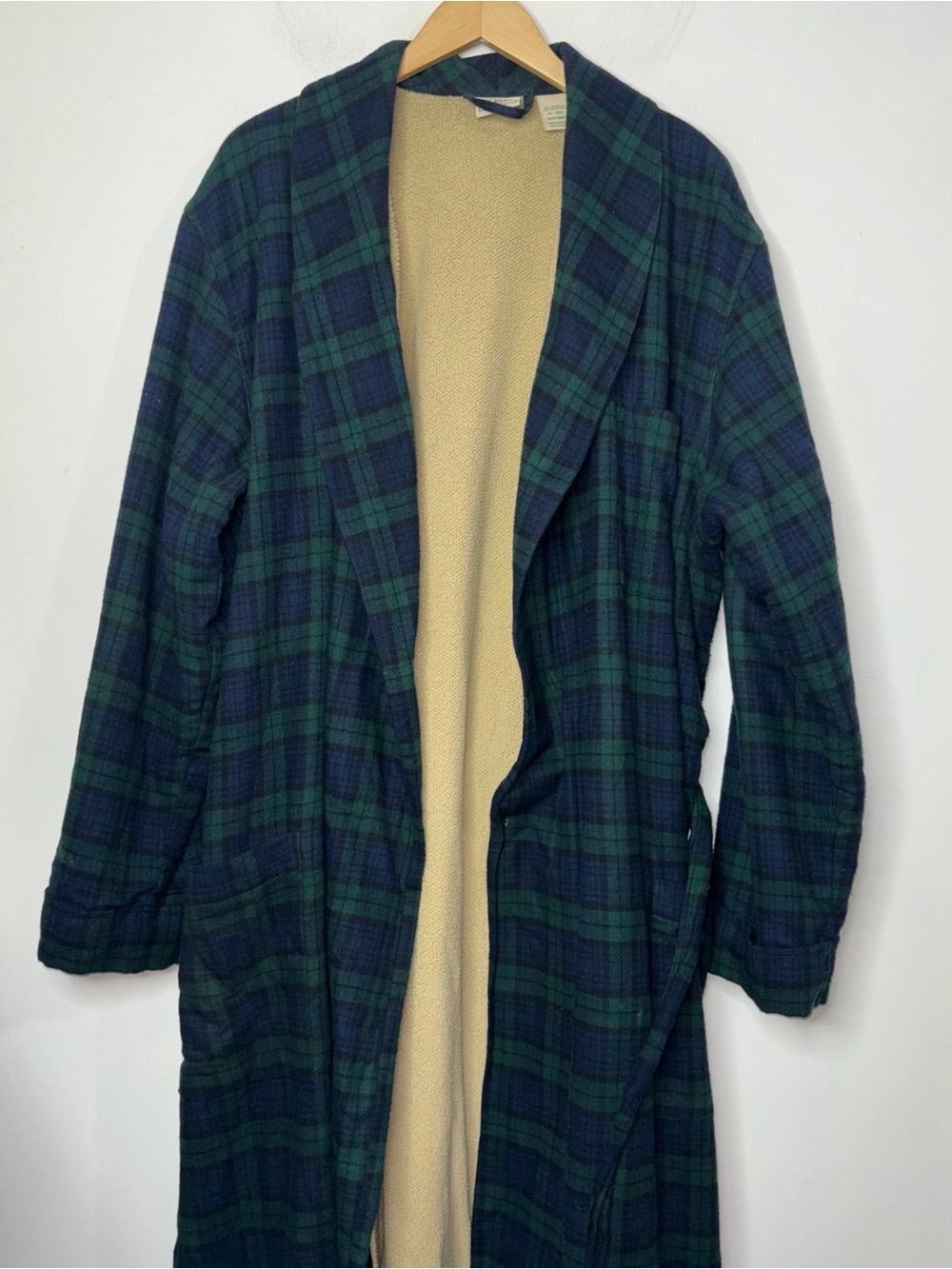 LL Bean Scotch Plaid Flannel Robe Sherpa Lined Mens XL Green & Navy Blue Belt